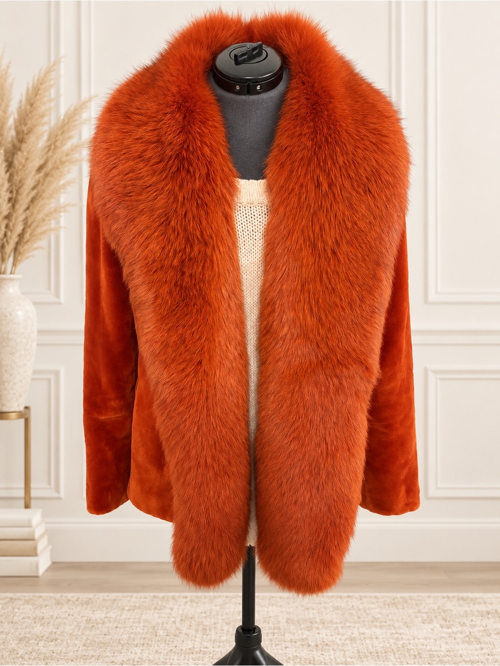 Vintage Burnt Orange Sheared Mink Fur Jacket Fox Collar Women’s Size 10